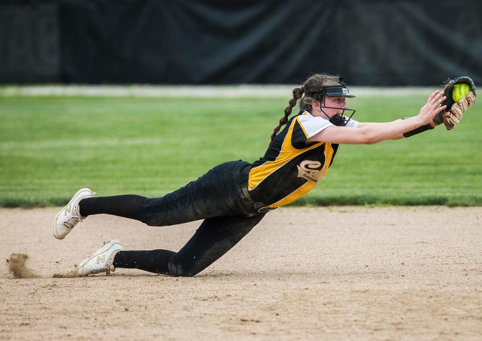Cowan's McKenna Minton catches for an out against Wes-Del during their championship game at Daleville High School Thursday, May 27, 2021. 