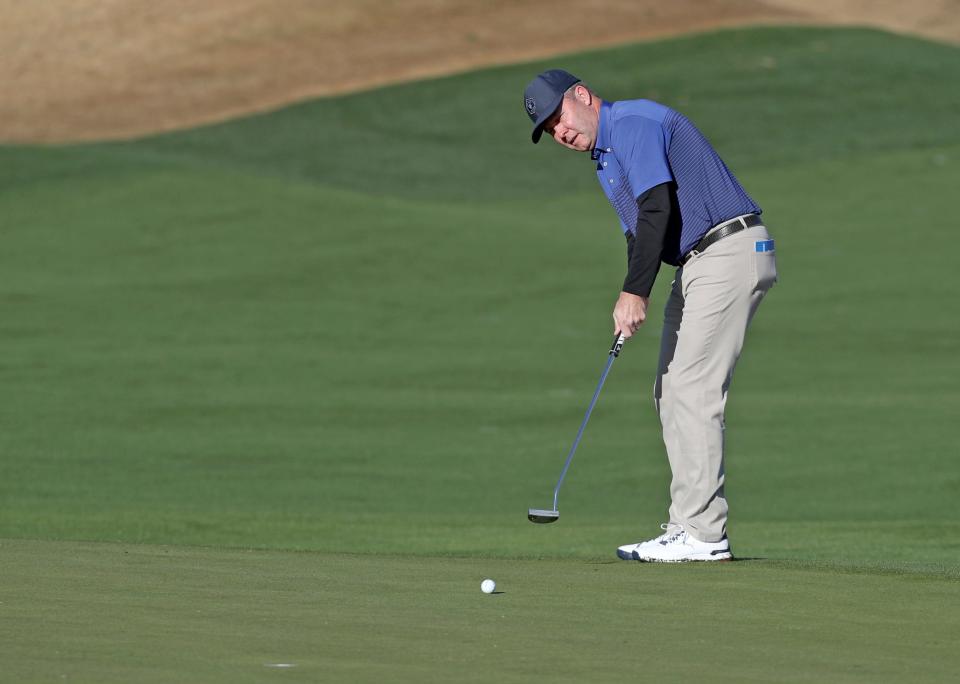 United States Golf Association CEO Mike Whan putts on the 10th green on the Nicklaus Tournament Course during the first-round of The American Express in La Quinta, Calif., on Thursday, Jan. 19, 2023. 