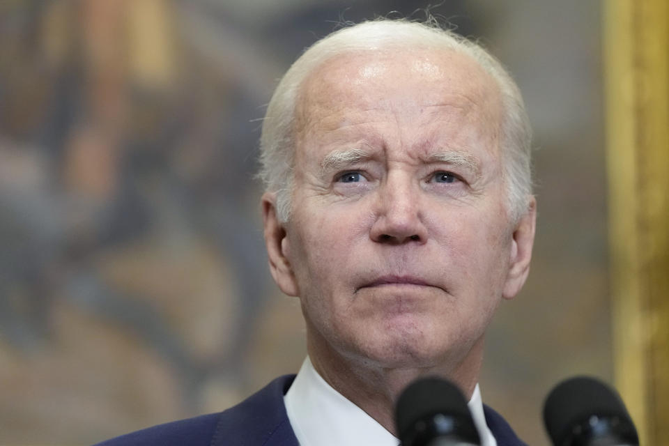 President Joe Biden listens to a reporter's question as he speaks in the Roosevelt Room of the White House, Sunday, May 28, 2023, in Washington. Biden and House Speaker Kevin McCarthy reached a final agreement Sunday on a deal to raise the nation's debt ceiling while trying to ensure enough Republican and Democratic votes to pass the measure in the coming week. (AP Photo/Manuel Balce Ceneta)