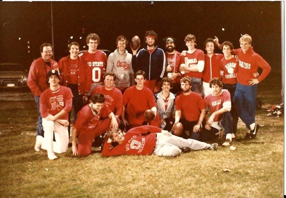 The Ohio State Lantern football team after beating the Michigan Daily team in 1982