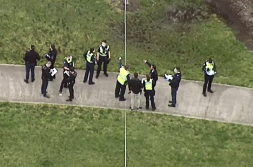 There was a large police presence at the Melbourne park following the fatal shooting. Source: Nine News