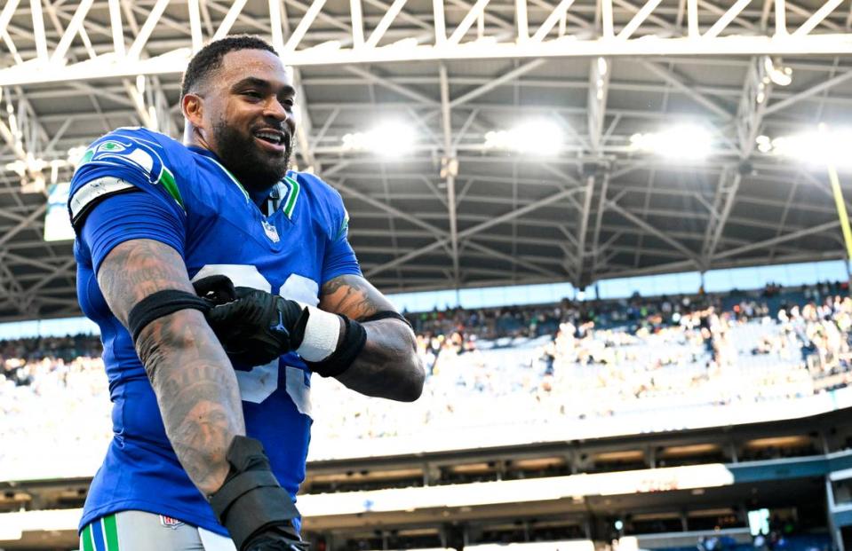 Seattle Seahawks safety Jamal Adams (33) comes off the field after the Seahawks 24-20 victory at Lumen Field, Sunday, Oct. 29, 2023, in Seattle, Wash.