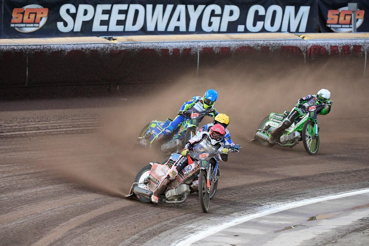 Niels-Kristian Iversen of Denmark, Leon Madsen of Denmark, Artem Laguta of Russia, and Patryk Dudek of Poland compete during the 2019 Scandinavian FIM Speedway Grand Prix, round 6, at G&B Arena on August 17, 2019, in Malilla, Sweden. (Photo by Mikael FRITZON / TT NEWS AGENCY / AFP) / Sweden OUT        (Photo credit should read MIKAEL FRITZON/AFP via Getty Images)