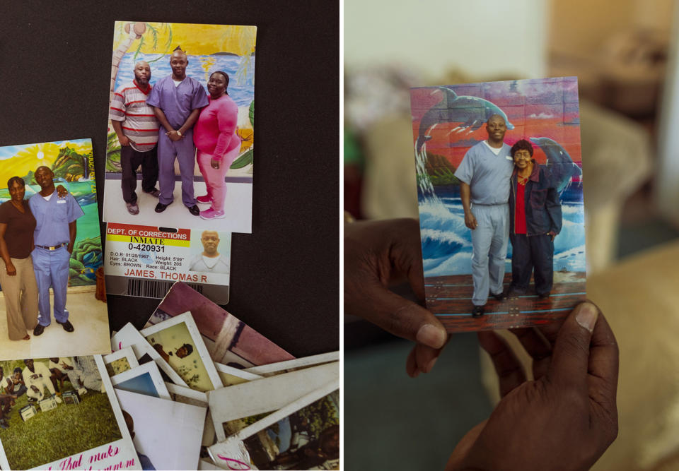 Photos taken with visitors including his mother, right, while Thomas Raynard James was incarcerated. (Saul Martinez for NBC News)