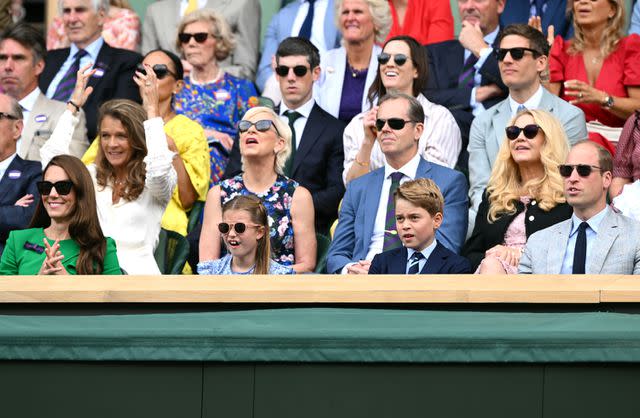 <p>Karwai Tang/WireImage</p> Kate Middleton, Princess Charlotte, Prince George and Prince William at Wimbledon 2023