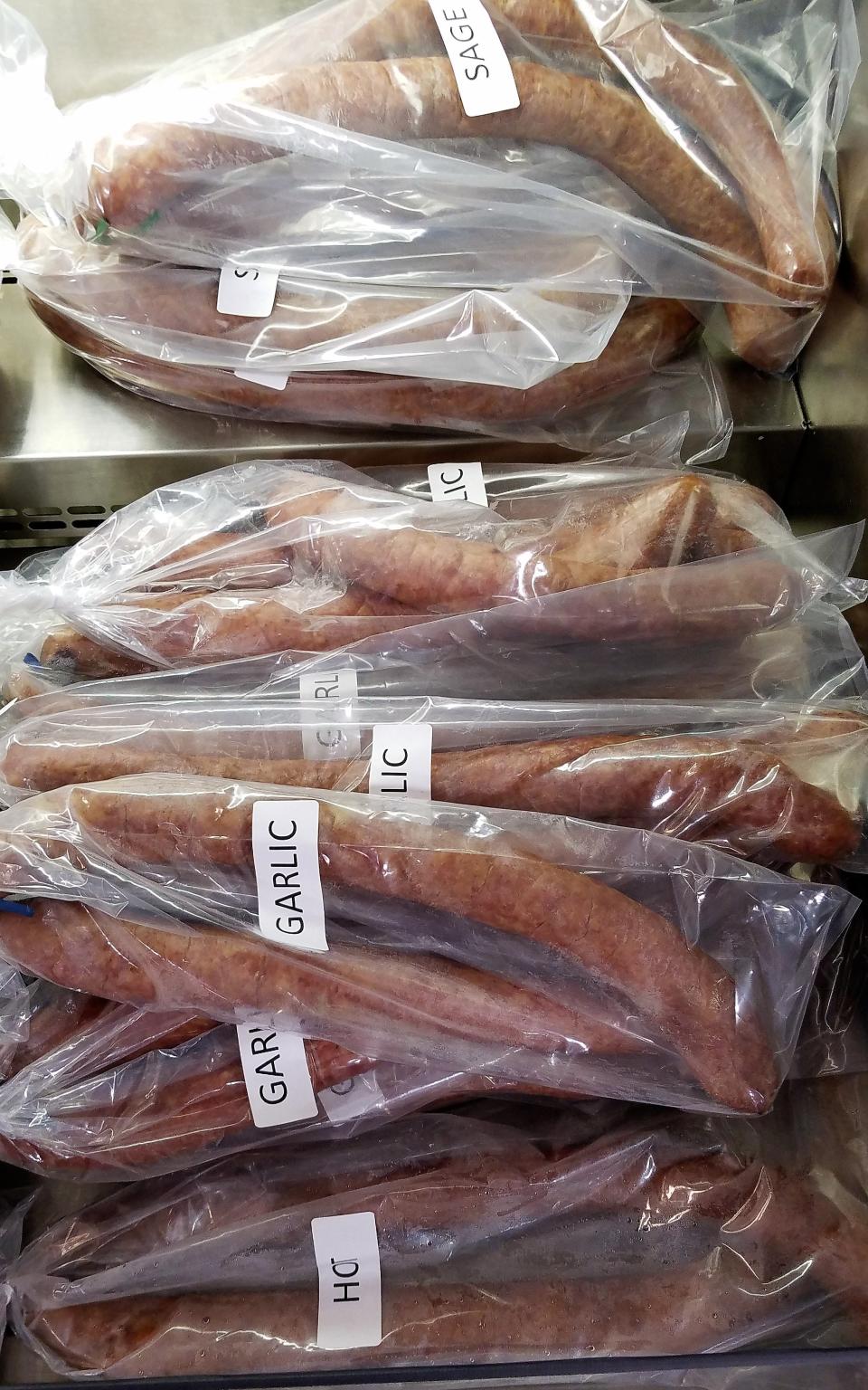 Garlic Smoked sausage, fresh sausage, head cheese and more is offered in the winter months at Mayse Farm Market.