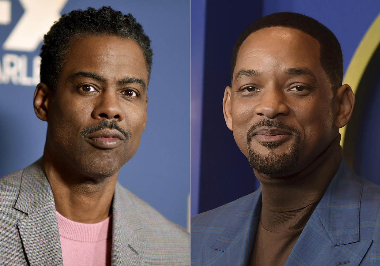 ARCHIVO - En esta combinación de fotos, Chris Rock, a la izquierda, en una conferencia de prensa de FX en Pasadena, California, el 9 de enero de 2020; y Will Smith en el almuerzo para los nominados al Oscar en Los Ángeles el 7 de marzo de 2022. (Foto AP/Archivo)