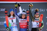 From left, first placed Slovakia's Petra Vlhova, first placed Italy's Federica Brignone and third placed United States' Mikaela Shiffrin celebrate on the podium at the end of an alpine ski, World Cup women's giant slalom in Sestriere, Italy, Saturday, Jan. 18, 2020. Federica Brignone and Petra Vlhova have tied for a World Cup giant slalom victory while overall leader Mikaela Shiffrin finished third by the smallest of margins. (AP Photo/Marco Trovati)