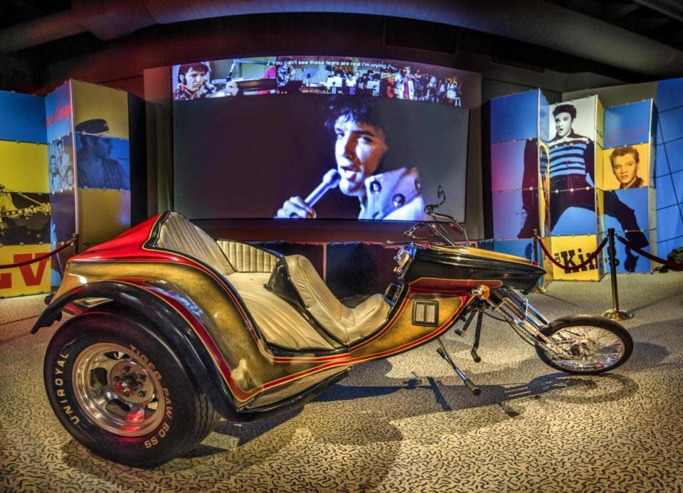 Elvis Presley's custom SuperTrike motorcycle, dating back to 1975, is displayed as part of the exhibit dedicated to the King. (Rock & Roll Hall of Fame)