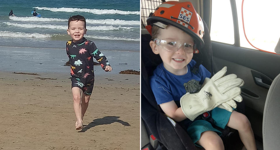 Left is a photo of Darragh, who has cystic fibrosis and faces deportation with his Irish family, playing at the beach and right is the boy sitting in a car seat in volunteer SES gear.