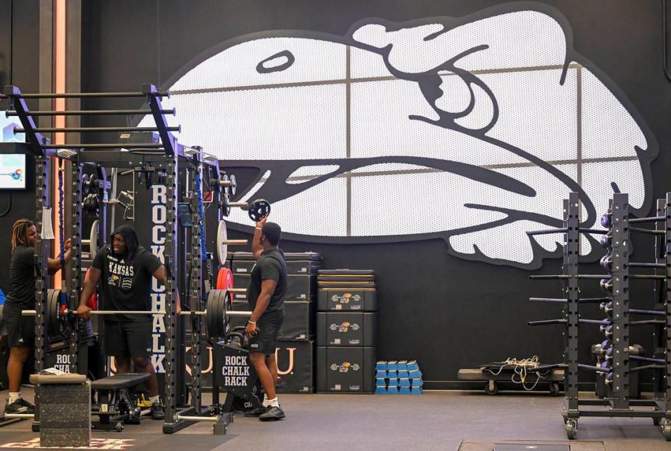 Student-athletes in the Kansas football program worked out in a renovated and upgraded weight room during a media tour Tuesday, Aug. 8, 2023, at the Anderson Football Complex in Lawrence, Kansas.