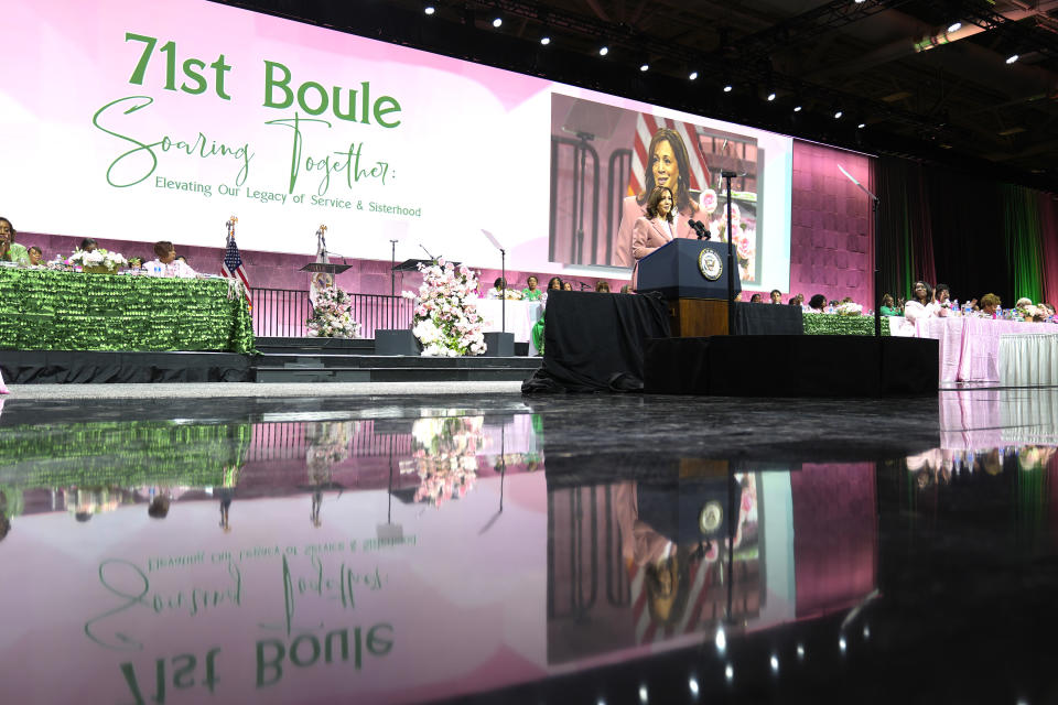 Vice President Kamala Harris speaks at the Alpha Kappa Alpha Sorority Inc. annual convention during the 71st biennial Boule at the Kay Bailey Hutchison Convention Center in Dallas, Wednesday, July 10, 2024. Vice President Harris has been a member of the sorority since she joined while a student at Howard University. (AP Photo/LM Otero)