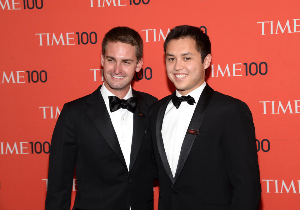 SnapChat founders Evan Spiegel and Bobby Murphy arrive at 2014 TIME 100 Gala held at Frederick P. Rose Hall, Jazz at Lincoln Center on Tuesday, April 29, 2014, in New York. (Photo by Evan Agostini/Invision/AP)