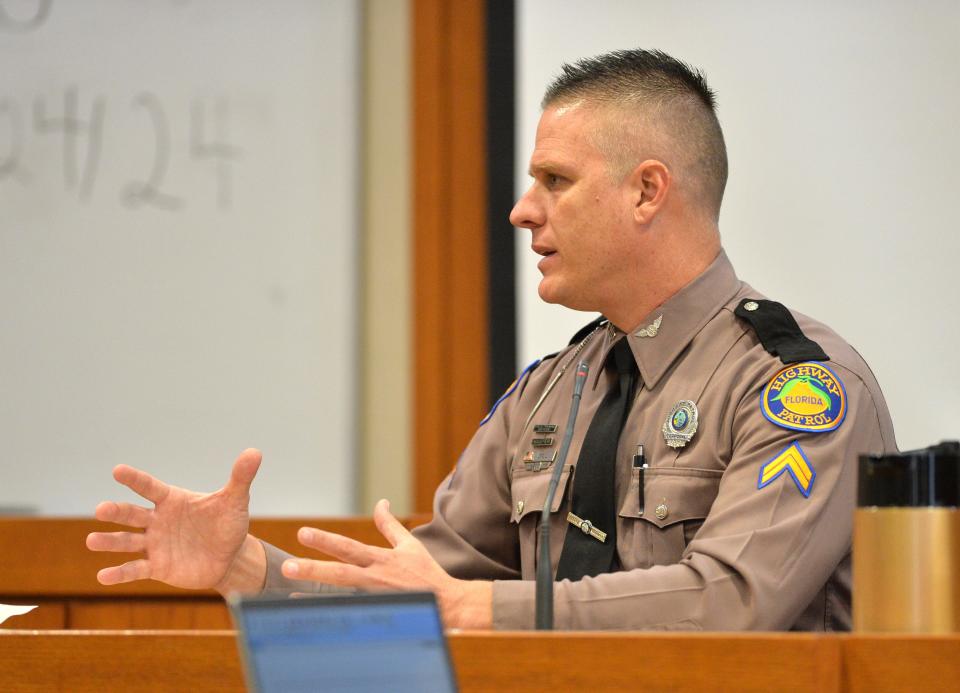 Cpl. Matthew Sill, a traffic homicide investigator with the Florida Highway Patrol, describes for jurors how evidence is collected and documented at a crash scene.
