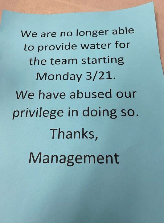 "We are no longer able to provide water for the team"