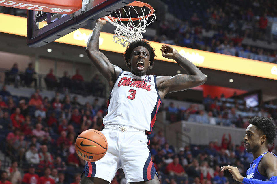 Mississippi center Nysier Brooks (3) reacts after a dunk during the second half of an NCAA college basketball game against Memphis in Oxford, Miss., Saturday, Dec. 4, 2021. Mississippi won 67-63. (AP Photo/Thomas Graning)