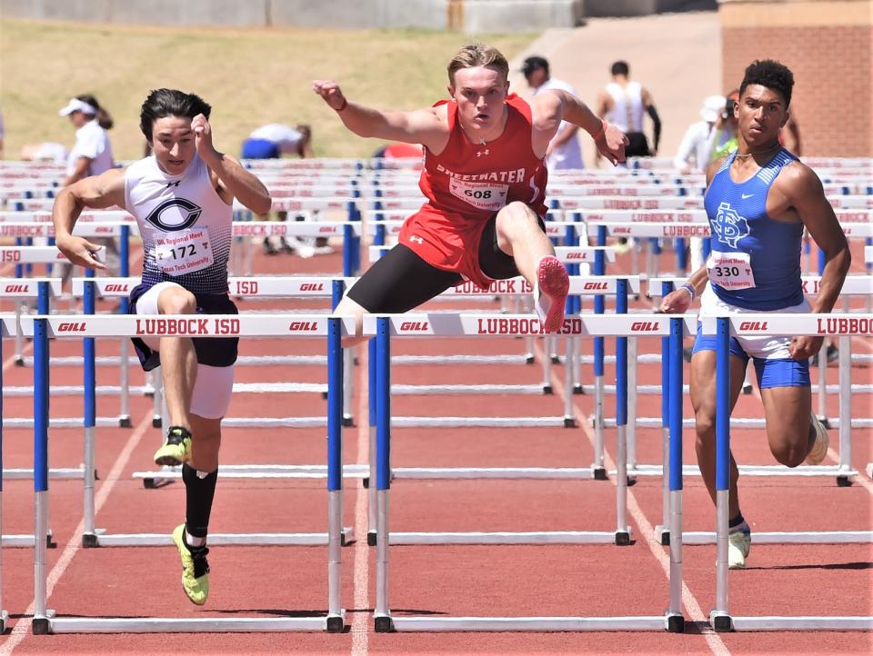 Sweetwater's Harrison Foster clears the last hurdle en route to winning the 110 hurdles at the Region I-4A track and field meet Saturday at Lowrey Field in Lubbock.