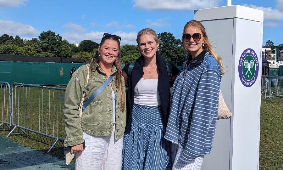 <span>Alex Nairn, 22, had travelled from Edinburgh for her first time at Wimbledon, with her friends Tilly Riiser and Jemma Hayward.</span><span>Photograph: Sammy Gecsoyler/The Guardian</span>