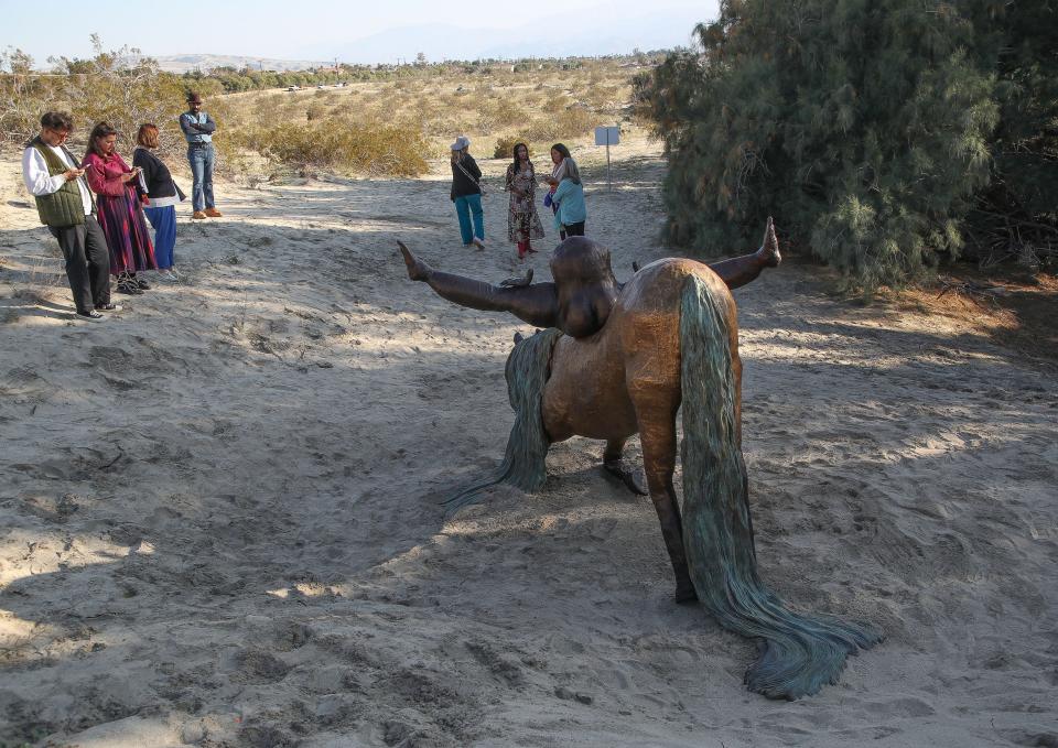 The work "Pioneer" by Tschabalala Self is part of the Desert X exhibition in Desert Hot Springs, Calif., March 3, 2023.