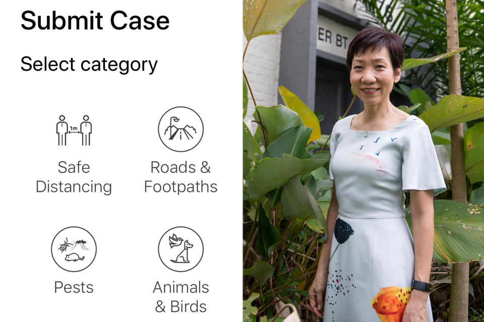 A screengrab (left) of the new safe-distancing infringement reporting feature on the OneService app, which was talked about by Minister for Culture, Community and Youth Grace Fu (right) in her Facebook post. (PHOTO: Facebook / Grace Fu)