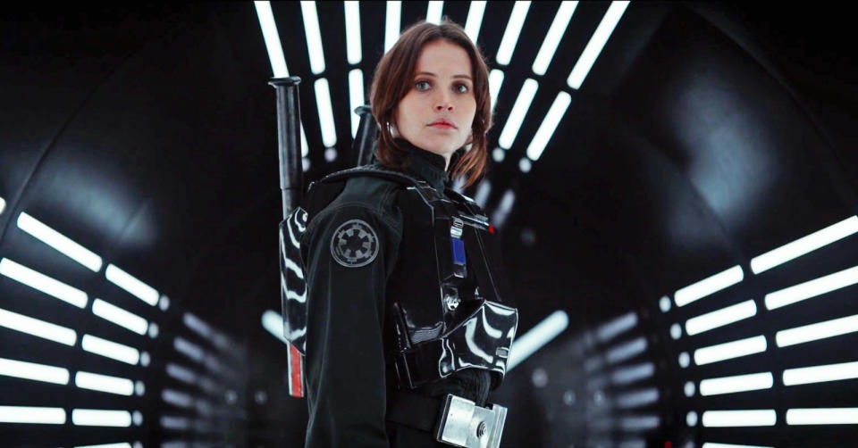 Jyn Erso dressed an an Imperial Officer in an Imperial facility in Rogue One