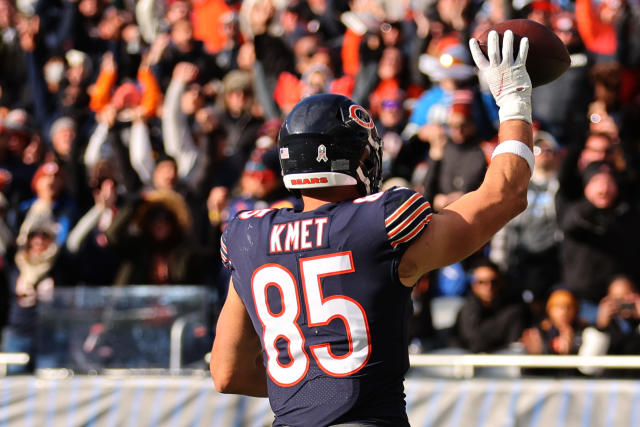 Chicago Bears tight end Cole Kmet (85) walks off the field after