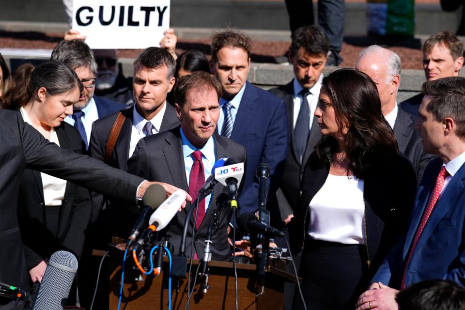Attorney Justin Nelson, representing Dominion Voting Systems, speaks at a news conference outside New Castle County Courthouse in Wilmington, Del., after the defamation lawsuit by Dominion Voting Systems against Fox News was settled just as the jury trial was set to begin, Tuesday, April 18, 2023.