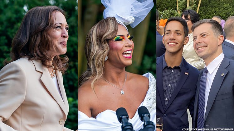 Vice President Kamala Harris, RuPaul's Drag Race Star Shangela, and Secretary of Transportation Pete Buttigieg at the Naval Observatory for LGBTQ+ Pride