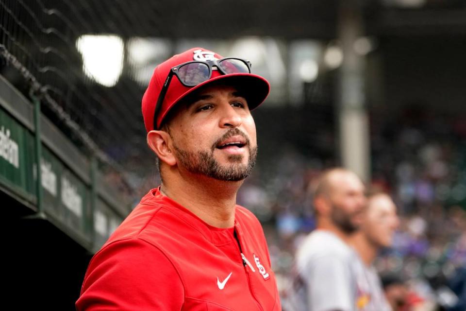 St. Louis Cardinals’ manager Oliver Marmol looks out from the dugout during a game against the Chicago Cubs last season. Marmol and the Redbirds pitchers are excited about what new pitching coach Dusty Blake brings to the table. Charles Rex Arbogast/AP