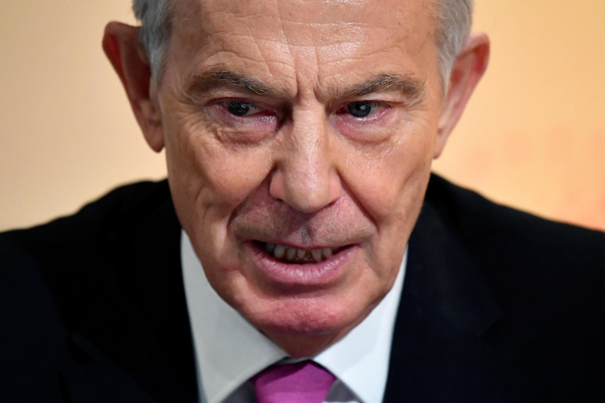 Former British Prime Minister Tony Blair speaks during an interview with Axel Threlfall at a Reuters Newsmaker event on "The challenging state of British politics" in London, Britain, November 25, 2019. REUTERS/Toby Melville