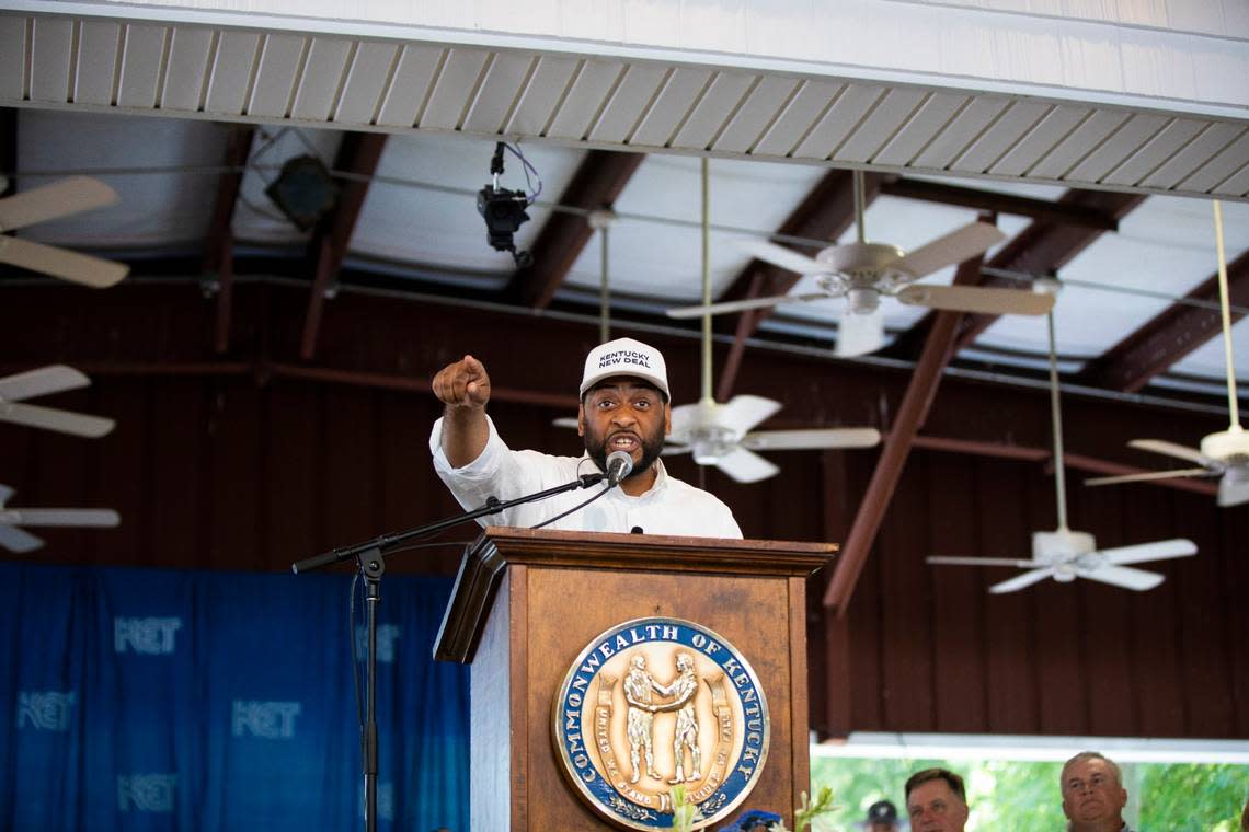 U.S. Senate candidate Charles Booker speaks the crowd gathered for the 142nd annual St. Jeromes Fancy Farm Picnic before politicians deliver speeches in Fancy Farm, Ky., Saturday, August 6, 2022.