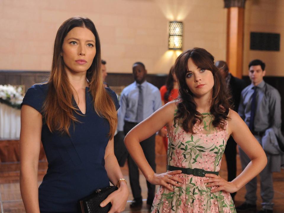 Jessica Biel and Zooey Deschanel on season four, episode one of "New Girl."