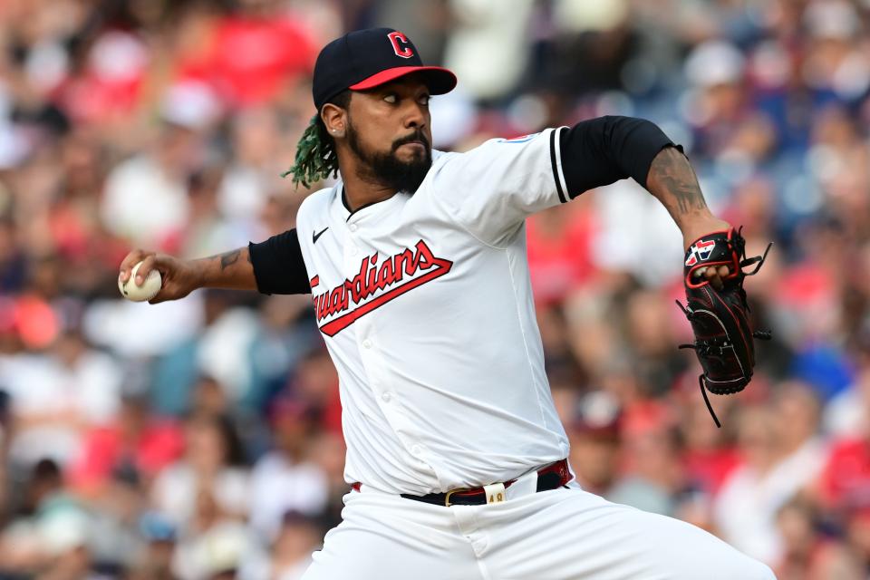 Cleveland Guardians relief pitcher Emmanuel Clase (48) throws a pitch during the ninth inning against the Washington Nationals on Saturday in Cleveland.