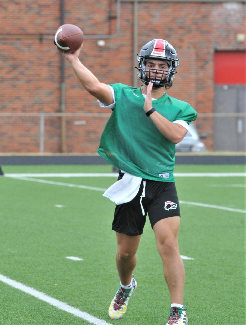 Wichita Falls High's senior quarterback John Ledesma throws during Wichita Falls High's 2022 fall practice on Monday, August 1, 2022.