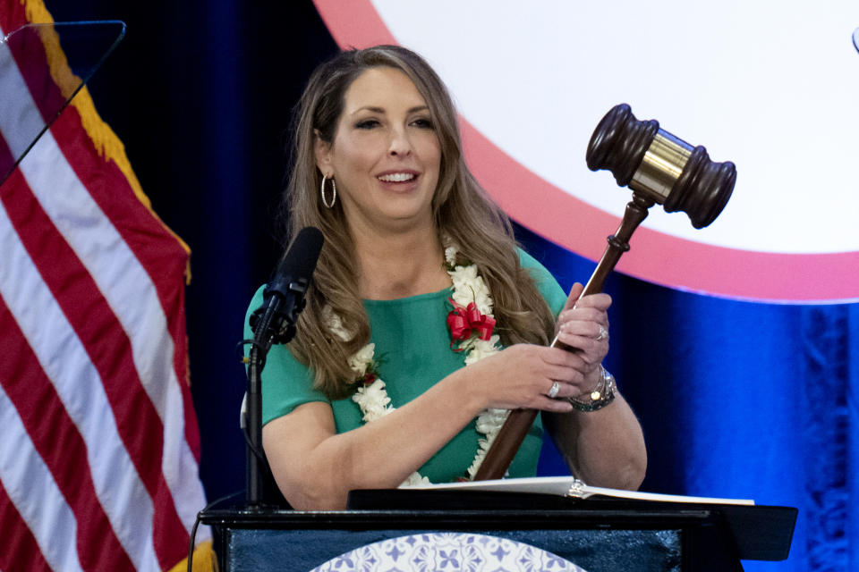 Re-elected Republican National Committee Chair Ronna McDaniel holds a gavel while speaking at the committee's winter meeting in Dana Point, Calif., Friday, Jan. 27, 2023. (AP Photo/Jae C. Hong)