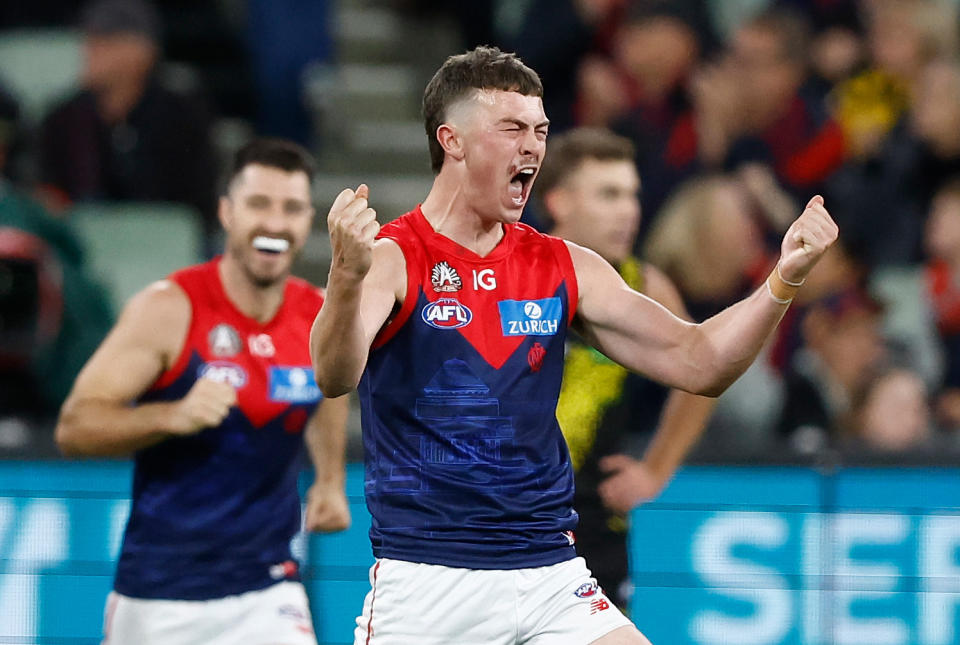 MELBOURNE, AUSTRALIA - APRIL 24: Daniel Turner of the Demons celebrates a goal during the 2024 AFL Round 07 match between the Richmond Tigers and the Melbourne Demons at the Melbourne Cricket Ground on April 24, 2024 in Melbourne, Australia. (Photo by Michael Willson/AFL Photos via Getty Images)