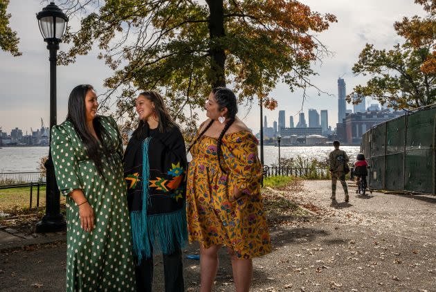 Lauryn, River and Trinity reclaim the medicine of Lenape laughter and joy at a site of terrible tragedy and trauma for Lenape people. (Photo: Joe Whittle for HuffPost)