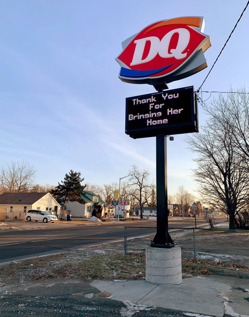 A thank you sign is displayed after Jayme Closs, a missing Wisconsin teenager was found alive more than three months after she disappeared, Friday, Jan. 11, 2019 in Barron, Wis. Closs disappeared in October after her parents were killed inside their home . She was found Thursday in a town about an hour's drive away after approaching a woman walking her dog, saying she'd been held against her will. (AP Photo/Jeff Baenen)