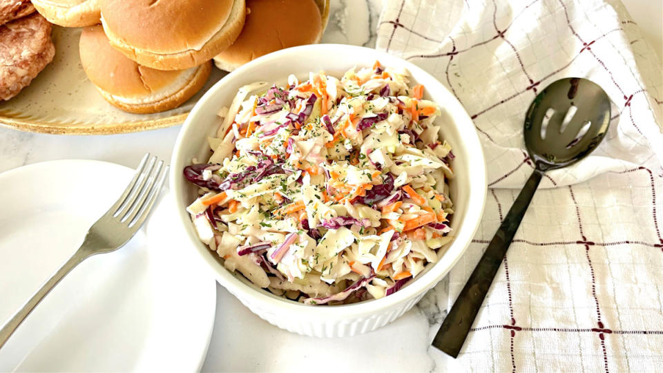<p>Krista Marshall</p><p>With this easy KFC coleslaw recipe, you can have restaurant-style, homemade coleslaw without having to leave the house. </p><p><strong>Get the recipe: <a href="https://tempest.saymedia.com/999660/kristamarshall/copycat-kfc-coleslaw-recipe/" rel="nofollow noopener" target="_blank" data-ylk="slk:KFC Coleslaw Recipe;elm:context_link;itc:0;sec:content-canvas" class="link ">KFC Coleslaw Recipe</a></strong></p>