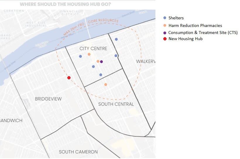 This map is from a consultant's report Windsor city council used to select the location of the housing hub. It said that two kilometres is the most someone will walk for services. The selected site sits on the edge of that radius, marked in red. 