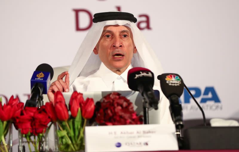 Qatar Airway's Chief Executive Officer, Akbar Al Baker speaks during Qatar aviation conference, in Doha