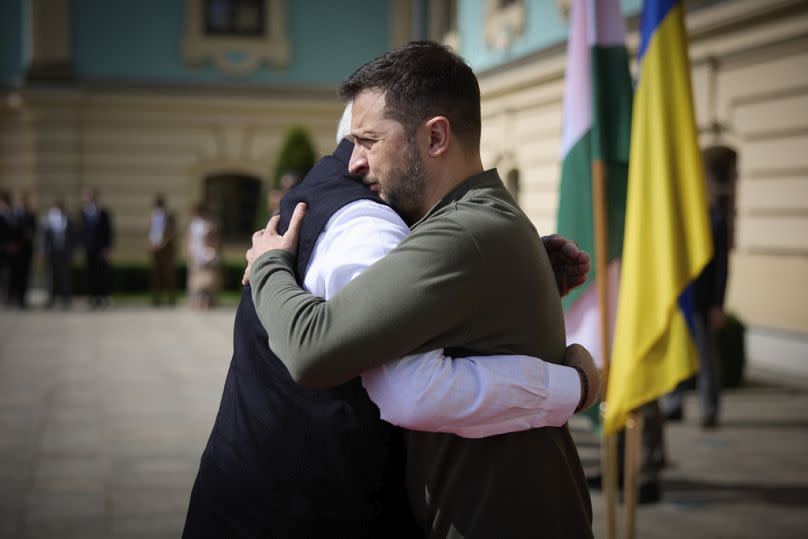 Indian Prime Minister Narendra Modi greeting Ukrainian President Volodymyr Zelenskyy in Kyiv, 23 August 2023