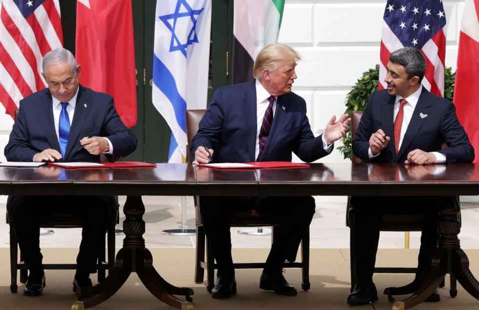 PHOTO: In this Sept. 15, 2020, file photo, Prime Minister of Israel Benjamin Netanyahu, President Donald Trump, and Foreign Affairs Minister of the UAE Abdullah bin Zayed bin Sultan Al Nahyan participate in the signing ceremony at the White House. (Alex Wong/Getty Images, FILE)