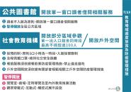 <p>教育場域適度放寬及防疫管理措施：公共圖書館，開放單一窗口讀者借閱相關服務</p> 