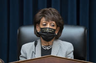 House Financial Services Committee Chairwoman Maxine Waters, D-Calif., presides over a markup of pending bills, on Capitol Hill in Washington, Tuesday, April 20, 2021. Yesterday, the judge overseeing the trial of a former Minneapolis police officer in the death of George Floyd says recent comments by Rep. Waters are "abhorrent" and says they could lead to a verdict being appealed and overturned. Rep. Waters had joined protesters on Saturday and called for protests to escalate if Derek Chauvin was not found guilty on murder charges. Chauvin's defense attorney had motioned for a mistrial in light of Waters' comments. (AP Photo/J. Scott Applewhite)