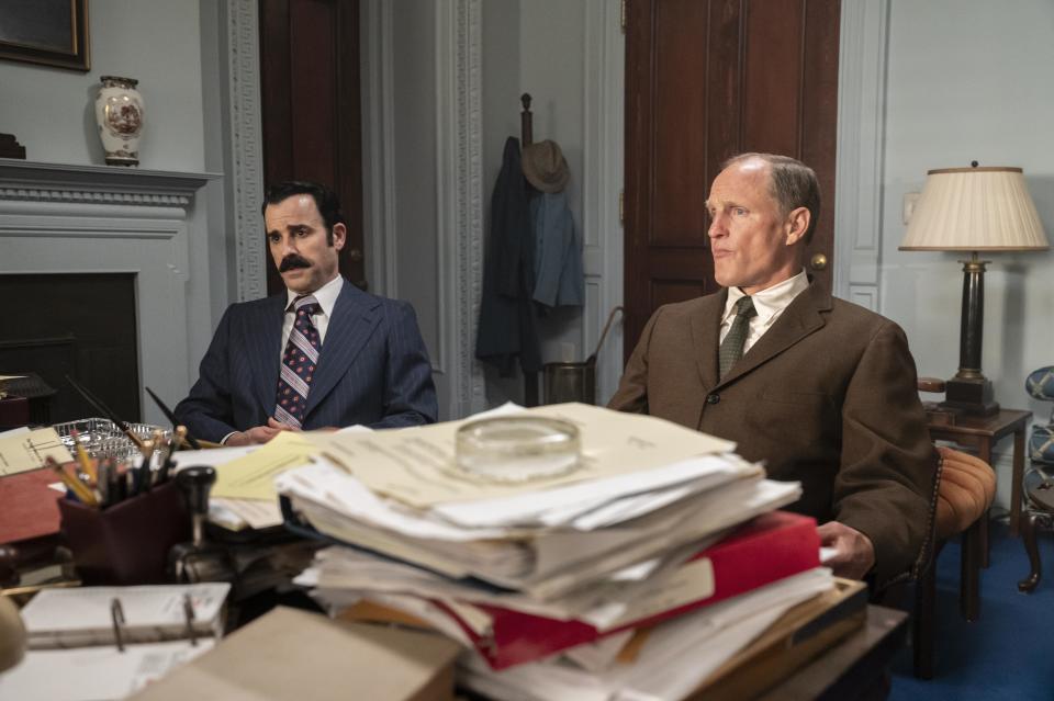 G. Gordon Liddy (Justin Theroux) and E. Howard Hunt (Woody Harrelson) in White House Plumbers.(Sky)