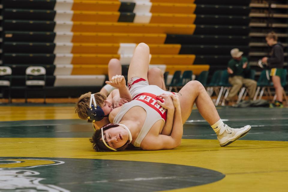 Great Falls High's Dylan Block looks to secure a pin during a dual with Helena High earlier this season.