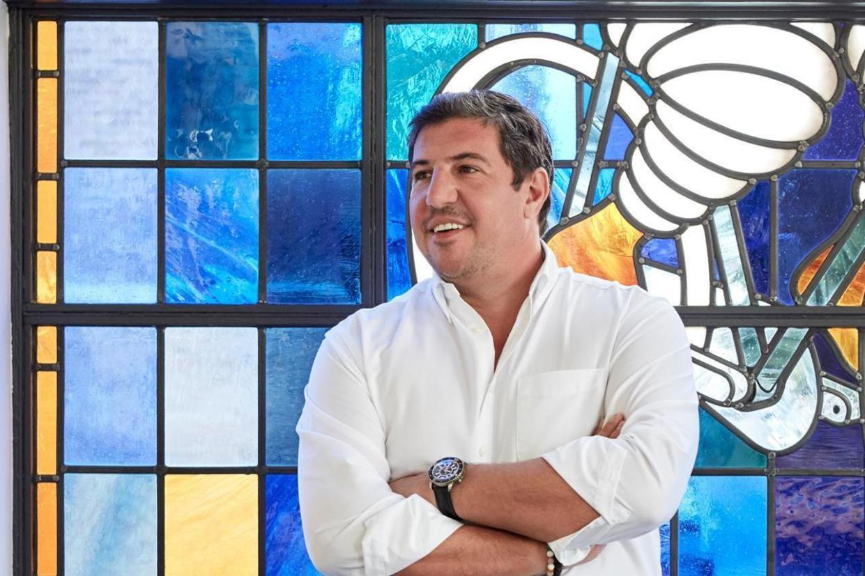 Michelin man: Claude Bosi in front of Bibendum's signature stained glass: Patricia Niven