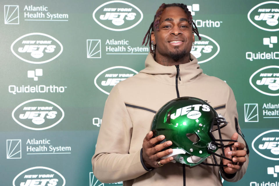Will McDonald IV speaks to reporters during a news conference at the Jets' training facility, Friday, April 28, 2023, in Florham Park, N.J. (AP Photo/Mary Altaffer)