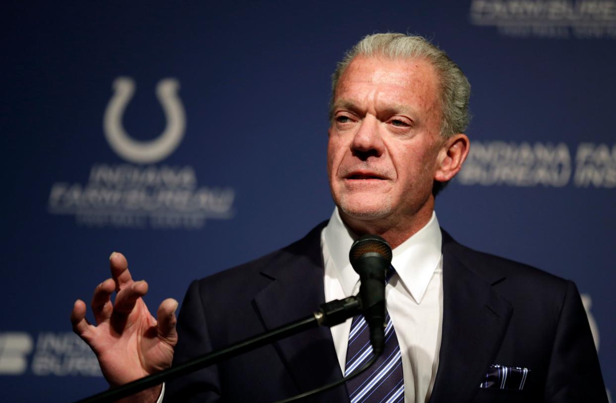 Colts Owner Jim Irsay introduces new general manager Chris Ballard introduces during a press conference at the NFL team's practice facility in Indianapolis, Monday, Jan. 30, 2017. (AP Photo/Michael Conroy)